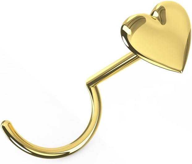 9K Solid Yellow Gold Plain Embossed Heart Top 20 Gauge Corkscrew Twist Nose Screw - Tiny Nose Stud - Gold Nose Piercing Body Jewelry