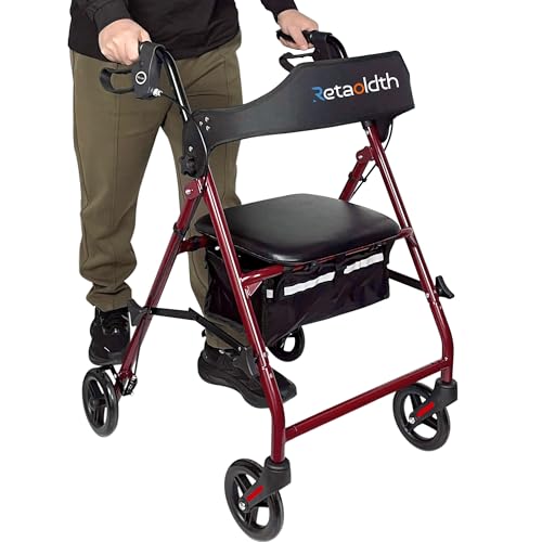 Foldable Rollator Walker with Seat for Seniors, Easy Folding & One-Hand Carry, Walkers for Seniors-All-Terrain Wheels, Height Adjustable Lightweight Rolling Walker for Elderly, Red