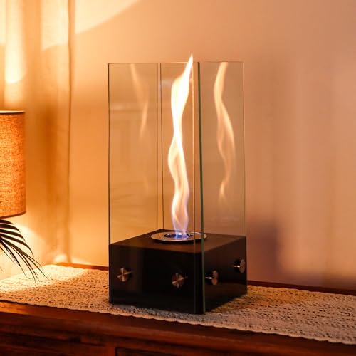 JHY DESIGN 35cm H Schwarz Tisch-Kamin Feuerschale Tischlampe Windlichter aus Metall und Glas Weiß