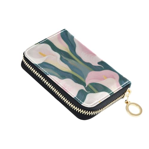 White and Pink Calla Lilies leather womens card wallet With 2 cash slot RFID Blocking credit card holder book with zipper