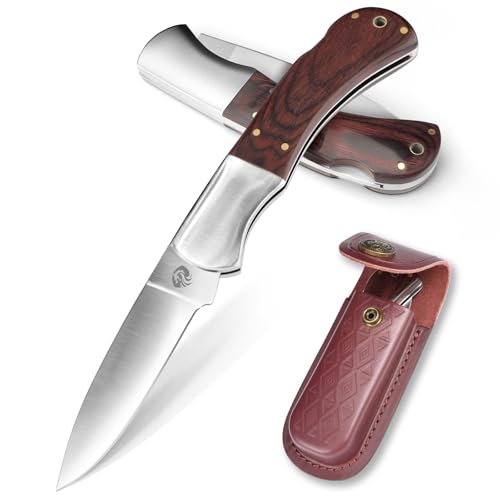 DRACHENADER Klappmesser, Zweihandmesser aus 440C Stahl, 42a-konformes EDC-Taschenmesser mit Lockback, Leidetui, Holzgriff, Legal in Deutschland für Camping, Wandern DRACHENADER Klappmesser, Zweihandmesser aus 440C Stahl, 42a-konformes EDC-Taschenmesser mit Lockback, Leidetui, Holzgriff, Legal in Deutschland für Camping, Wandern