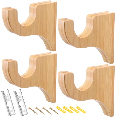 Briwooody 4 Pack Wooden Curtain Rod Brackets for 2" Pole, Wood Color