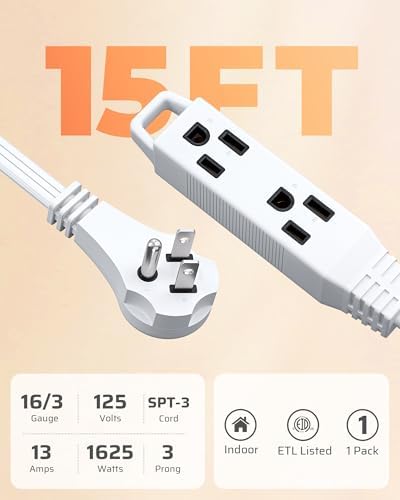 DEWENWILS 15FT Extension Cord with 3-Prong Flat Plug, 16/3 SPT-3 Flat Wire & 3 Grounded Outlets, 13A / 125V / 1625W, Extension Cord for TV, Kitchen, Bedroom, Office, ETL Listed, White