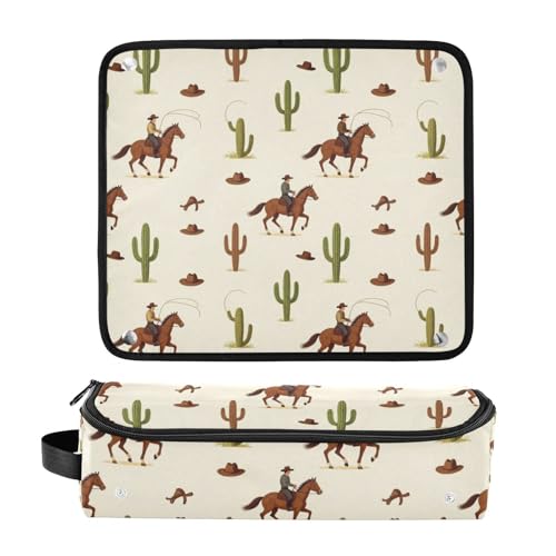 Bolsa de viaje para herramientas de cabello y tapete resistente al calor con cierre, organizador de gran capacidad para planchas de pelo, rizadores y accesorios estilo vaquero y cactus miniatura 3