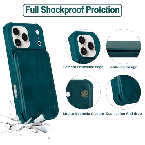 VANAVAGY Compatible for iPhone 17 Pro Max Wallet Case with RFID Blocking Card Holder, [Screen Protector] PU Leather Kickstand Card Slots Magnetic Clasp Shockproof Case for Women Men,Midnight Green by VANAVAGY - Image 3