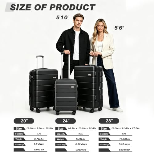 Image of KEYTANG 3-Piece Hardshell Luggage Set(20 /24 /28), Lightweight Expandable Suitcase with TSA Lock and Double Spinner Wheels, 20% Expansion for Extra Packing, Carry-On and Checked Bags, Black