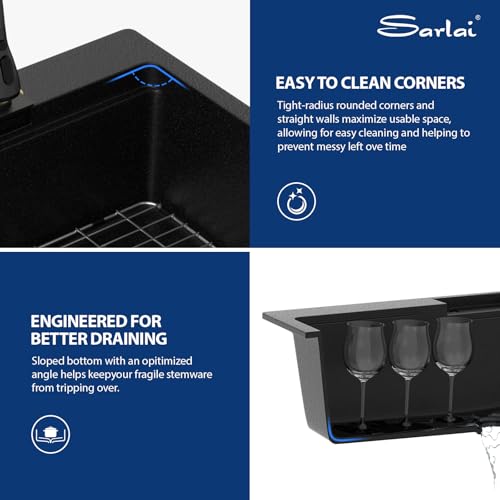 Sarlai Waterfall Kitchen Sink - Granite Composite Black Kitchen Sink 33 Inch Drop In Topmount Workstation Granite Matte Black Quartz Single Bowl Multifunction Sinks with Waterfall by Sarlai - Image 7