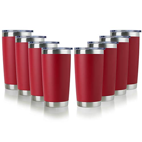 Domicare 20Oz Stainless Steel Tumbler Bulk With Lid, Double Wall Vacuum Insulated Travel Mug, Powder Coated Coffee Cup, Red, 8 Pack #TOP9