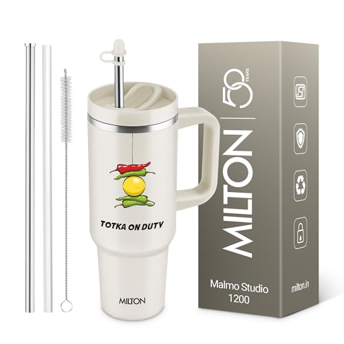 Image of MILTON Malmo 1200 Thermosteel Double Wall Vacuum Insulated Stainless Steel Tumbler with Handle 1100ml, Travel Mug with Straw,Silicon Cap,Cleaning Brush,Hot & Cold Beverage Flask,Totka Cream