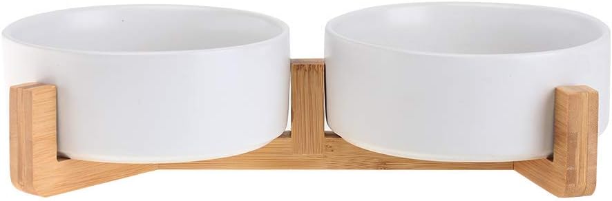 White Ceramic Cat Dog Bowl Dish with Wood Stand No Spill Pet Food Water Feeder Cats Small Dogs Set of 2