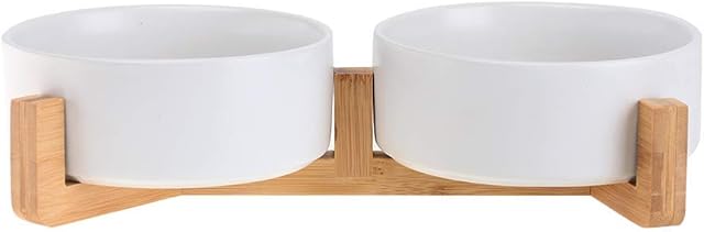 HCHLQLZ White Ceramic Cat Dog Bowl Dish with Wood Stand No Spill Pet Food Water Feeder Cats Small Dogs Set of 2