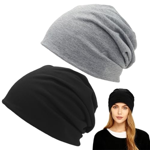 2 Piezas Ajustable Gorro Pelo Rizado Dormir Unisex, Quimio Cáncer Sombrero, Gorro de Dormir Suave para Mujeres y Hombres, Negro, Gris