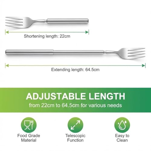 AEUXZA 1 Stück Teleskopgabel Ausziehbar aus Edelstahl 304, Lange Gabel zum Ausziehen (22-64 cm), Lustiger Scherzartikel & BBQ Gabel für Marshmallows, Würstchen & Diebstahl vom Teller