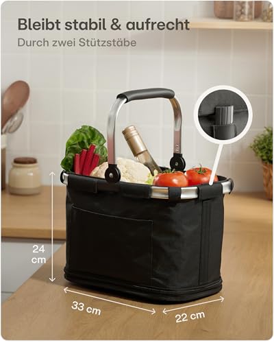 Praknu Einkaufskorb Faltbar Klein – 2 in 1 Erweiterbar 15L auf 25L – Abnehmbarer & Waschbarer Bezug – Stabil mit Alurahmen & Verstärktem Boden – Extra Fächer innen & außen – Tragekorb – Schwarz