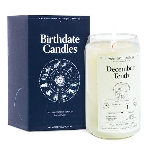 Birthdate Candles, December 10 - Sagittarius Zodiac Scented Candles Birthday Gift - Rose, Neroli & Water Lily Scent - All-Natural Soy & Coconut Wax, 60-80 Hour Burn Time - Made in USA