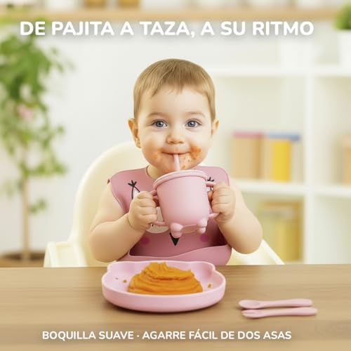 Miniatura 7 de Baby Boom Vajilla Bebe Silicona 12 Piezas Blw Plato Bol Con Ventosa Vaso 2 En 1 Pajita Taza Babero Con Bolsillo Cuchara Tenedor Cubiertos De Entrenamiento Alimentador Fruta Tres Tetinas Antideslizante