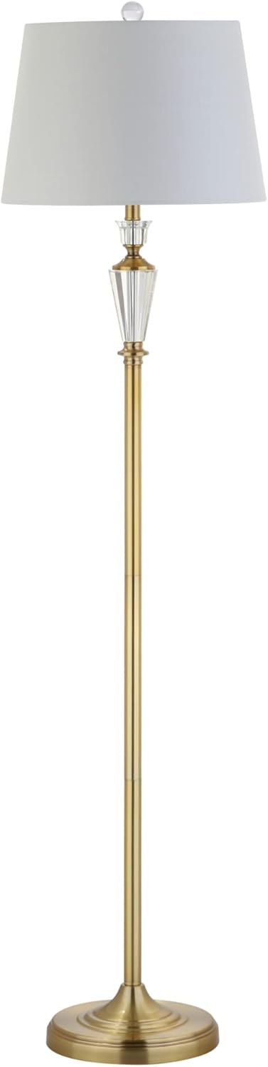 JONATHAN Y 61" Brass Gold and Clear Crystal LED Floor Lamp, Traditional Slender Metal Standing Light with White Linen Drum Shade for Living Room, LED Bulb Included JYL2029A