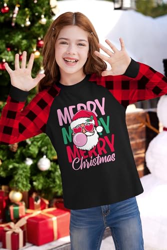 Image of BesserBay Girl's Christmas Buffalo Plaid Raglan Top Funny Holiday Graphic Shirt 4-14 Years