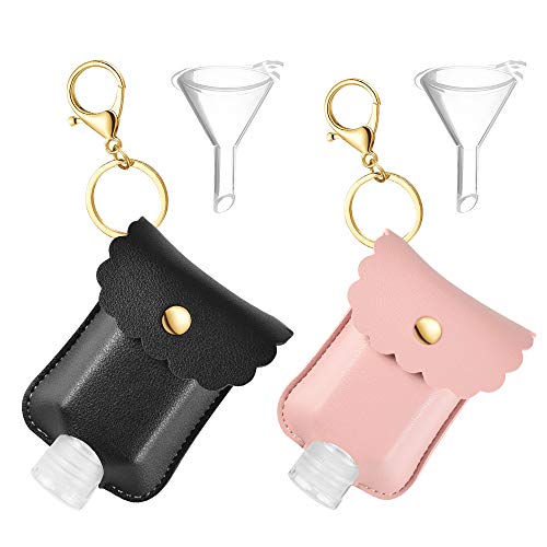 DKAF 2 Pcs Travel Bottles with Leather Keychain Holder, 60ml 2oz Portable Plastic Squeeze Bottle, Transparent Flip Cap Refillable Bottles-Pink&Black
