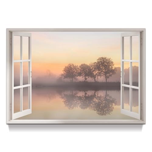 Lake House Canvas Wall Art: Window Lake Picture Foggy Mountain Landscape Painting Sunset Water Prints Artwork for Bedroom