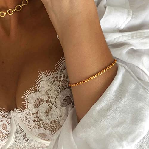 Brijewnes Rope Chain Gold Bracelets For Men,Solid 925 Sterling Silver Clasp Gold Chain Mens Bracelet 3Mm Mens Chain Bracelet For Mens Jewelry Gifts Gold Bracelets For Men 7.5 Inches #TOP5