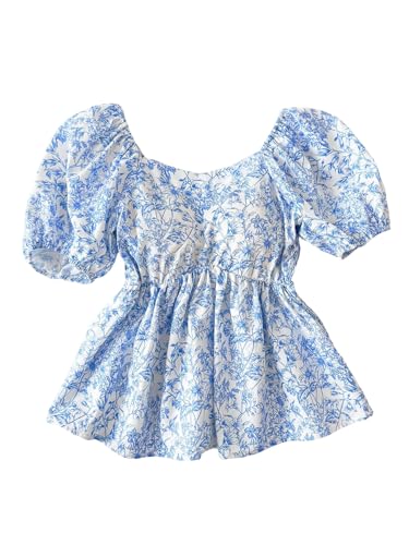 Girl's Floral Puff Short Sleeve Peplum Blouses Ruffle Hem Shirred Babydoll Shirts
