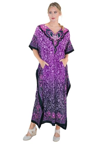 Miss Lavish London Long Caftans for Women - Boho Kaftan Dress, Plus Size Summer Kaftan, Women's Loungewear and Beach Caftans, Maxi Kaftan Tops for Lounging or Swimwear Cover-Ups, Size S,Purple Kaftans