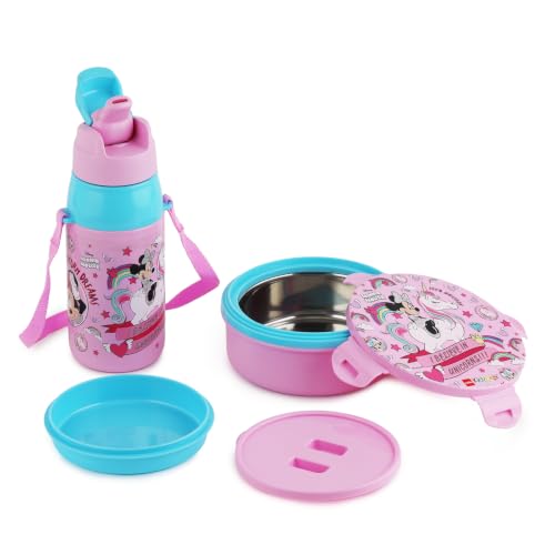 Image of CELLO Kidzbee Star Gift Set Combo for School Kids, Light Pink | 3D Touch & Feel Minnie Design Airtight Clip Lock Insulated Lunch Box 390ml with Leak Proof Flip Top Sipper Water Bottle for Kids Boys