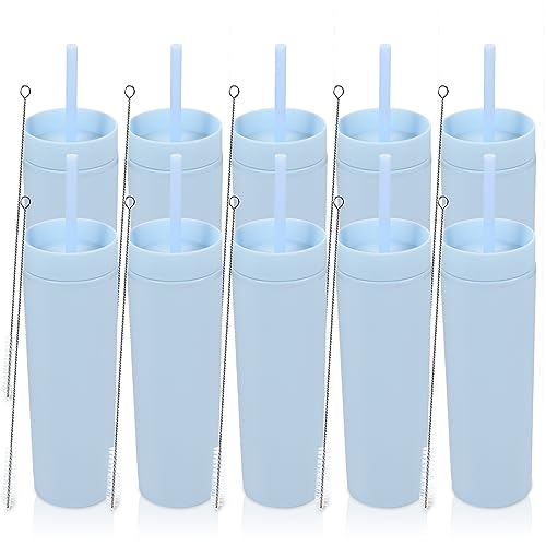 Volhoply 16oz Plastic Skinny Tumbler with Lid and Straw Bulk 10 Pack,Insulated Double Wall BPA Free Matte Acrylic Tumblers,Iced Coffee Travel Mug Reusable Party Cup,Customizable Diy Gifts(Blue,10 Set) by Volhoply - Used condition - US$33.46