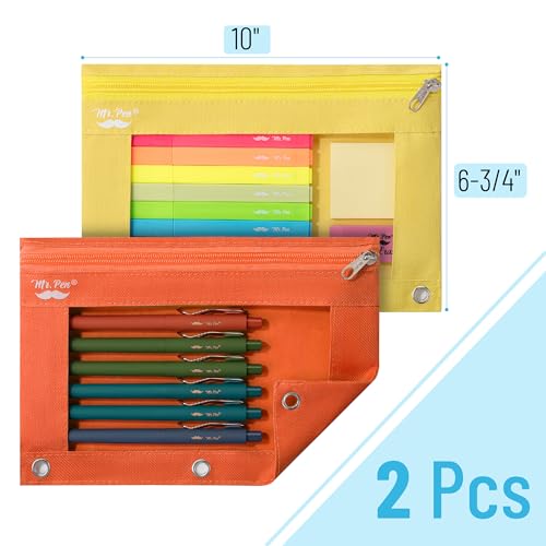 Image of Mr. Pen- Pencil Pouch for 3 Ring Binder, 2 Pack, 10 inchx6.75 inch, Smooth Zipper | Clear Window, Large Capacity Pencil Case with 3 Reinforced Grommets for School, Office, Supplies Storage | Clear Window, Large Capacity Pencil Case with 3 Reinforced Grommets for School, Office, Supplies Storage