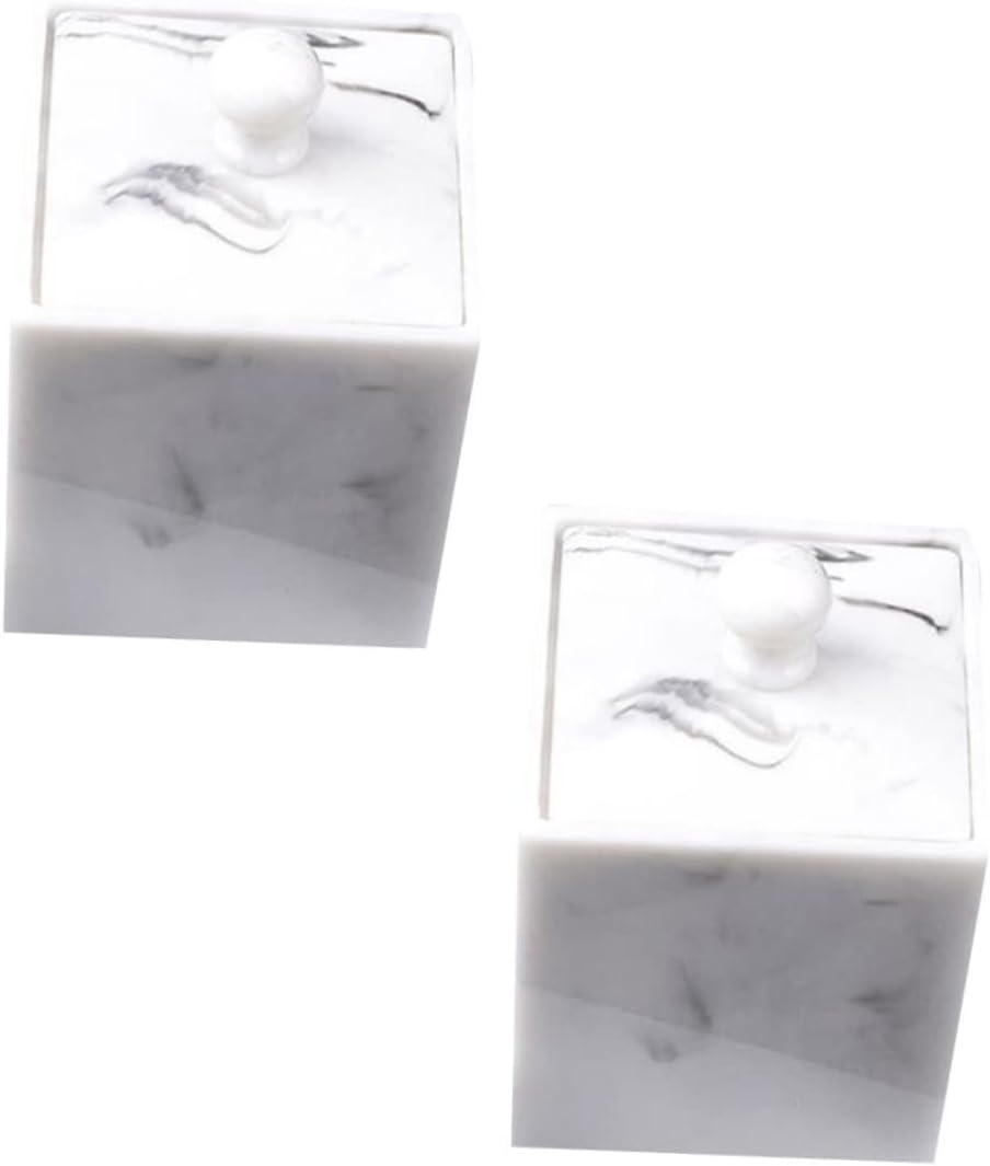 2pcs Double Grids Cotton Swab Storage Box with Marble Grain Pattern Stylish Resin Organizer for Cotton Pads Toothpicks and Essentials White