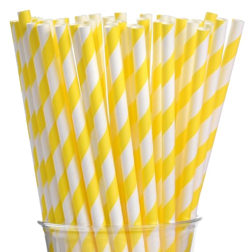 ALINK 100 Yellow Stripes Paper Straws Biodegradable Disposable Drinking Straws for Christmas Brithday New Year Party Decoration Supplies