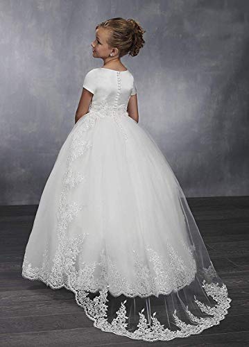 GZCYL White Short Sleeves Holy Communion Ball Gowns Princess Flower Girl Dress with Train Lace2