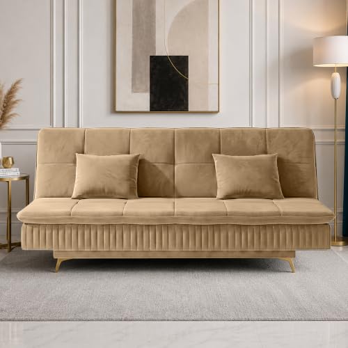 Home Lifestylez Reva Solid Wood 3 Seater - Sofa Cum Bed | Velvet Upholstered | Convertible Seating Sofa Bed for Living Room Office & Home Furniture | Comfortable & Stylish - Beige