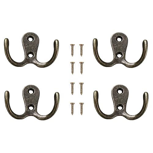 Yesmin 4 Pcs Double Prong Robe Hooks, Dual Coat Hooks Wall Mounted Hanging Clothes for Bathroom Bedroom Door Wall Retro Metal Cloth Hanger Double Coat Hooks with 8 Screws (Vintage)