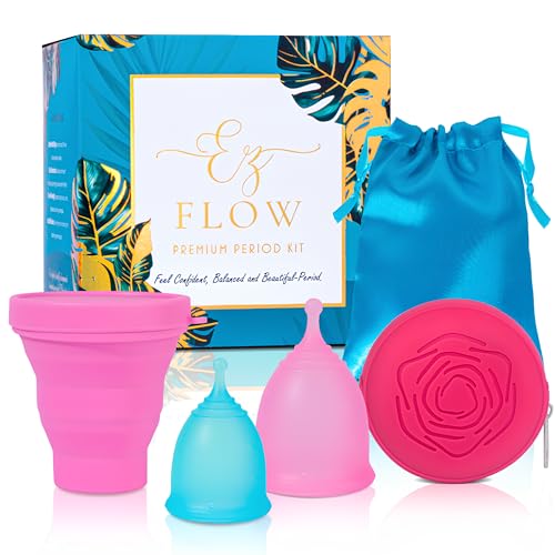 EZ Flow Menstrual Cup Kit – 2 Reusable Period Cups (Small & Large), Foldable Steriliser Cup, Rose Pouch, Cotton Bag – Beginner Friendly, Soft & Comfortable