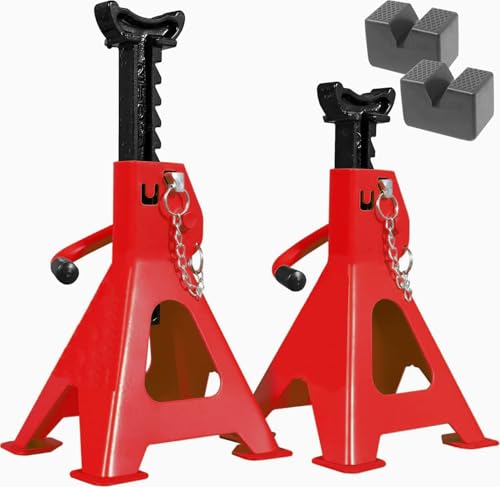 Caballetes mecanicos 3 toneladas (6 toneladas por par) con TRINQUETE DE SEGURIDAD y TACOS DE GOMA, 2 unidades gatos estabilizadores para vehiculo