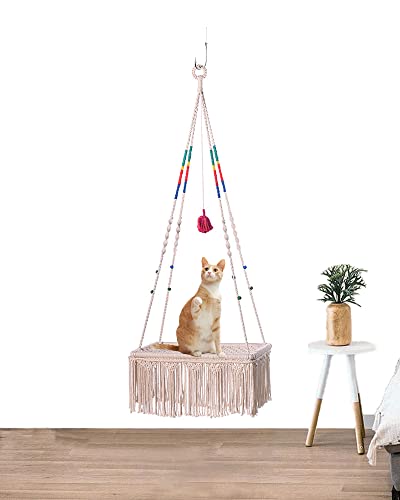 Nuatpetin Macrame Cat Hammock, Space Saving Cute Cat Swing Bed For Wall Hanging Indoor Cats, Cat Swing Hammock Kit For Large Cats, Sturdy Hanging Cat Window Seat With Funky Fringe, Boho Room Decor #TOP5