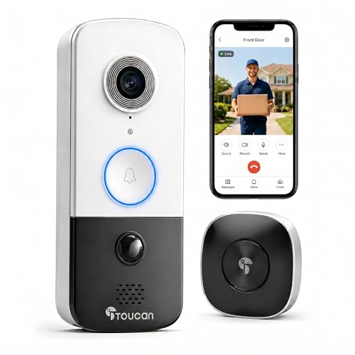TOUCAN Doorbell Camera, Video Doorbell with Chime, 2-Way Talk, 2.4Ghz WiFi, Night Vision, PIR Motion Detection, Compatible with Alexa and Google Assistant,Indoor Outdoor Surveillance