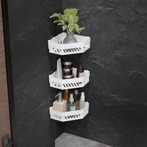 Image of QXORE Bathroom Organiser Shelf for Wall Mounted Accessories,Plastic Bathroom Self Adhesive Shelves Without Drilling with Hanging Shelves (3 Diamond Corner)