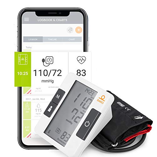 Dario Blood Pressure Monitor Upper Arm Includes: Blood Pressure Cuff, Carrying Bag, Batteries. Bluetooth to Dario Mobile App for Simple Data Tracking and Sharing (Large 9.4-17 in (24-43cm))