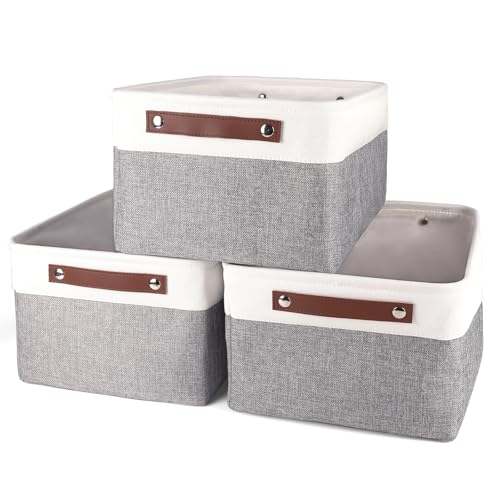 Image of SHINWOO Fabric Storage Basket Set of 3, Foldable Shelf Basket with Leather Handles, Waterproof Linen Storage Box for Wardrobe, Bathroom, Bedroom, and Office, 40x30x20cm Greywhite