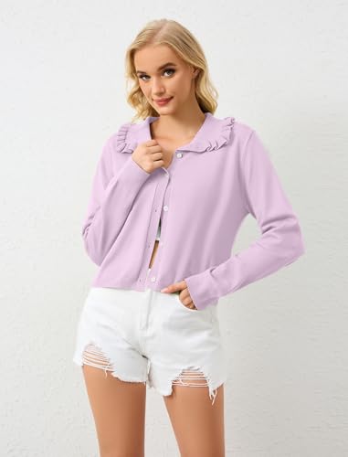 Image of Ythomm Womens Ruffle Collar Cropped Cardigans Button Down Open Front Long Sleeve Knit Sweater Jackets Casual Solid Fall Tops