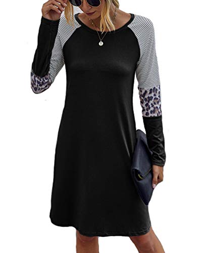 KUFV Women's Round Neck Casual Loose Tunic T-Shirt Long Sleeve Striped Printed Patchwork Dress with Pocket Black
