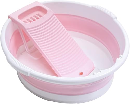 Lavabo plegable para lavar a mano, bañera antideslizante con tabla de lavado integrada para lavar a mano lavandería hogar (rosa)