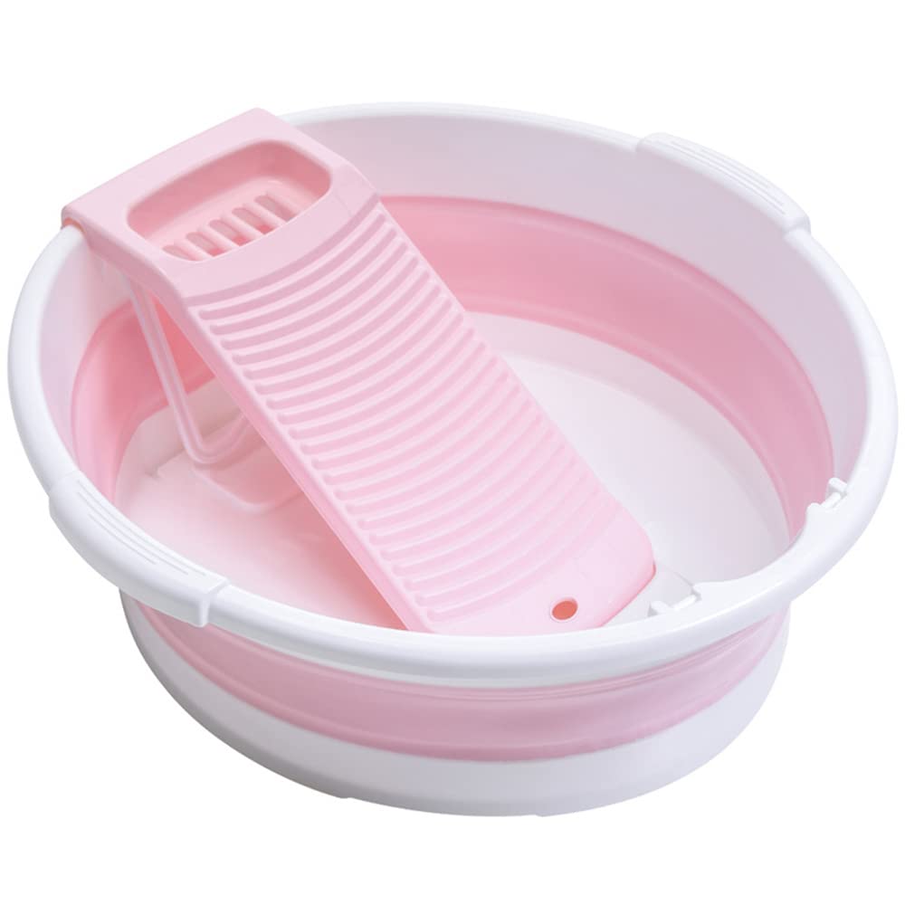 Panier à Linge Pliable Avec planche à laver,Boîte de rangement,Bac de Lavage Portable Pour laver les vêtements à la main (rose)