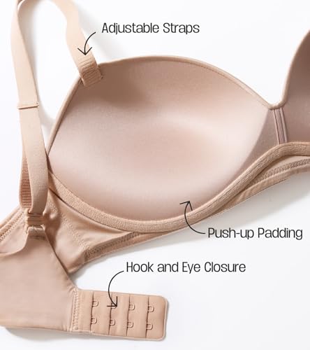 DotVol Women's Push Up Wireless Comfortable Padded Plunge No Underwire Everyday Bra(Beige,38B)