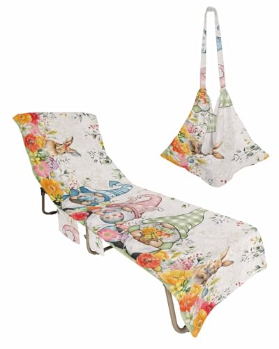 Easter Beach Chair Towel Covers for Chaise Lounge With Side Pocket, Soft Plush Pool Towels Cover for Patio Sunbathing Outdoor 29''x85'' Easter Gnomes Easter Eggs Retro Eucalyptus Leaves
