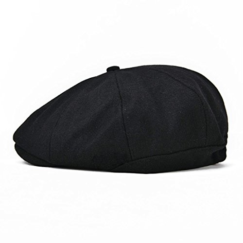 VOBOOM Men Wool Blend 8 Panel Newsboy Cap Herringbone Cabbie Flat Tweed Hat (Black) - Thumbnail 4
