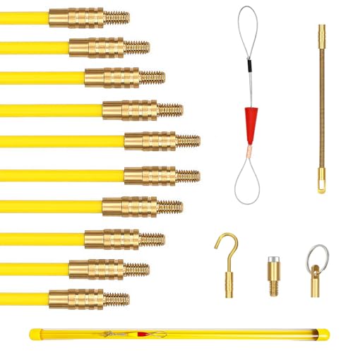 50' Fiberglass Cable Wire Running Rod Coaxial Electrical Connectable Fish Tape Pull Kit with Hook and Hole Kit in Transparent Tube, Yellow